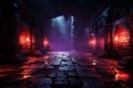 Grungy neon dungeon, Concrete, bricks, neon lights, smoky haze