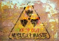 Grungy nuclear atom waste warning sign, rotten and rusty, symbol for dangers of atomic energy Royalty Free Stock Photo