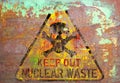Grungy nuclear atom waste warning sign, rotten and rusty, symbol for dangers of atomic energy Royalty Free Stock Photo