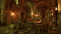 Grungy old medieval castle dungeon interior lit by burning torches and candles. 3D illustration