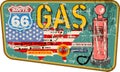 Grungy old route 66 metal gas station sign wiith road map