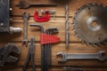 Grungy old tools on a wooden background Royalty Free Stock Photo