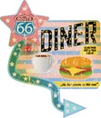 Grungy retro route 66 diner sign, Royalty Free Stock Photo