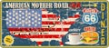 Grungy route 66 diner and cafe sign and road map, retro grungy vector Royalty Free Stock Photo