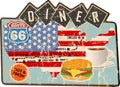 Grungy route 66 diner sign and road map, retro grungy vec