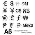 Grungy rubber stamp currency sign symbols set, vector