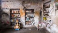 A grungy rustic shop selling clay pots and idols of the Hindu Goddess Durga in the