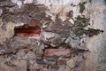 Grungy plastered wall with bricks texture