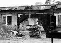 Grungy urban dilapidated loading deck in black and white