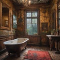 a grungy victorian era bathroom with rusted features