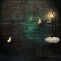 Grunge background with paper butterflies and magical lamppost