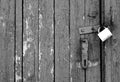 Grungy wooden door with lock in black and white Royalty Free Stock Photo