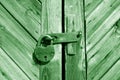 Grungy wooden door with lock in green tone Royalty Free Stock Photo