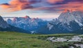 Gruppo Del Cristallo mountain range at early summer morning. Dolomites mountains, Italy, Europe.