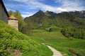 Gruyere Castle,footpath and Alps Mountains, Gruyeres, Switzerlan