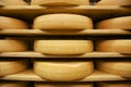 Gruyere cheese matures at the wooden shelfs, Gruyeres, Switzerland.