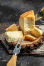 gruyere hard yellow cheese. a traditional Swiss hard yellow cheese without holes, with a dark crust and a pleasant floral and