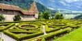 Gruyeres Castle, the French garden behind the chateau surrounded by ramarts