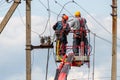 Gryazi, Russia - Aug 23. 2021. Electricians work of Rosseti is largest energy company in Russia and world