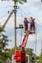 Gryazi, Russia - Aug 23. 2021. Electricians work of Rosseti is largest energy company in Russia and world