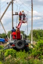 Gryazi, Russia - Aug 23. 2021. Electricians work of Rosseti is largest energy company in Russia and world