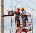 Gryazi, Russia - Aug 23. 2021. Electricians work of Rosseti is largest energy company in Russia and world