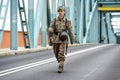 Gryfino, Poland, 23 september 2017: Historical reconstruction of the battle at Arnhem, German soldier walking through the bridge.