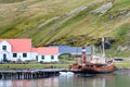 Grytviken shipwrecks of abandoned whaling station in South Georgia. Lost places with rusty tanks, old boats, Antarctica. Royalty Free Stock Photo