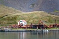 Grytviken rusty steel tanks of abandoned whaling station in South Georgia. Lost places with rusty tanks, old boats, Antarctica.