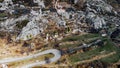 Ruins of old medieval village of Greolieres, drone aerial view of church, Alpes Maritimes, France