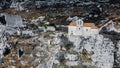 Ruins of old medieval village of Greolieres, drone aerial view of church, Alpes Maritimes, France