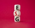 GSG - Environmental, Social and Governance symbol. Concept word GSG on wooden cubes. Beautiful red background. Business and GSG