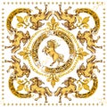 GSilk scarf with golden horses and damask ornament. luxury shawl design.