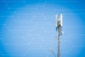 GSM cell tower. Telecommunications 5G, 4G, equipment on blue sky background