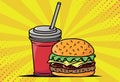 Fast food, cold drink and burger in pop art illustration