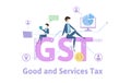 GST, Goods and Services Tax. Concept table with keywords, letters and icons. Colored flat vector illustration on white Royalty Free Stock Photo