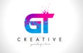 GT G T Letter Logo with Shattered Broken Blue Pink Texture Design Vector.