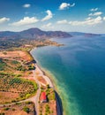 Gtuninng summer view of Xifias village vith Monemvasia mountain on background