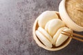 Gua bao, Bao bread in bamboo steamer closeup. Horizontal top view Royalty Free Stock Photo