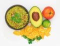 Guacamole Avocado with chips mexican food flat lay top view isolated Royalty Free Stock Photo