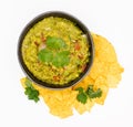 Guacamole Avocado chips mexican food flat lay top view isol