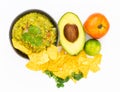 Guacamole Avocado chips Mexican food flat lay top view isol