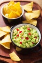 Guacamole with avocado, lime, chili and tortilla chips Royalty Free Stock Photo