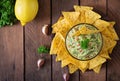 Guacamole avocado, lime, tomato, onion and cilantro, served with nachos Royalty Free Stock Photo