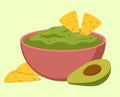 Guacamole In The Bowl With Avocado And Nachos Food Vector Illustration In Flat Style