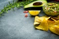 Guacamole bowl with ingredients and tortilla chips on a stone table. Selective focus. Copyspace for your text. Royalty Free Stock Photo