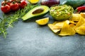 Guacamole bowl with ingredients and tortilla chips on a stone table. Selective focus. Copyspace for your text. Royalty Free Stock Photo
