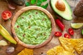 Guacamole, guacamole ingredients and chips on wooden background. Flat lay