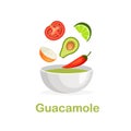 Guacamole ingredients: avocado, tomato, chili pepper, onion and lime falling in a bowl.