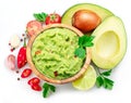 Guacamole and guacamole ingredients isolated on white background. Flat lay Royalty Free Stock Photo